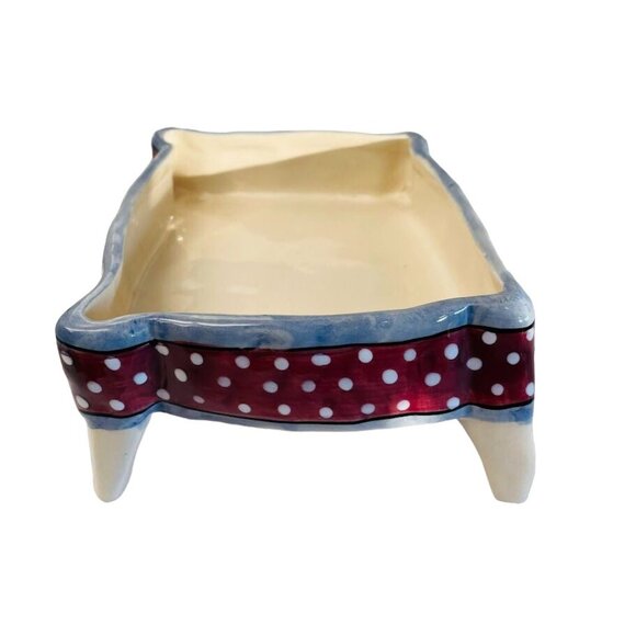 Porcelain Footed Rectangular Candy What Not Dish Red Polka Dots 5 1/2" x 3" - Picture 3 of 6